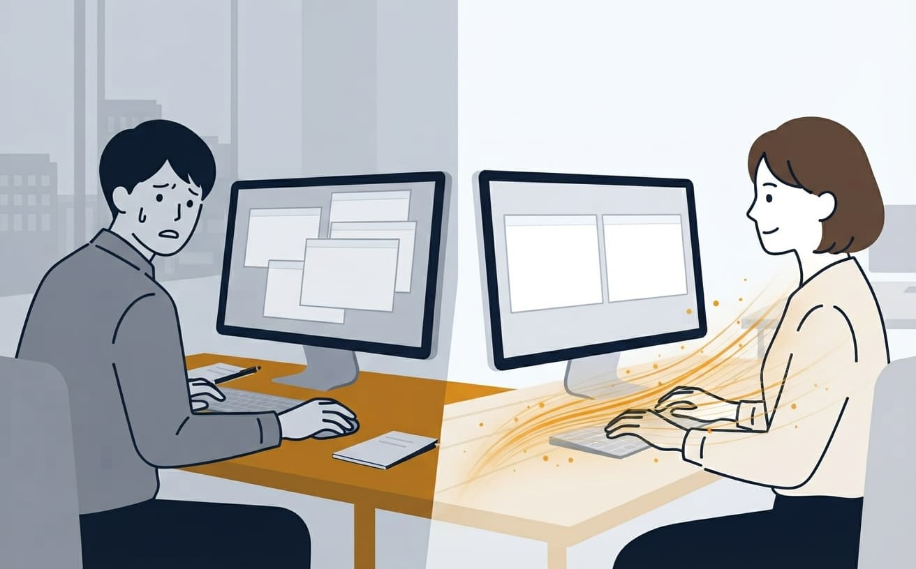 たくさんのウィンドウを前に、マウスで手間取って焦っている人と、向かいでキーボードだけで軽快に作業する同僚のイラスト
