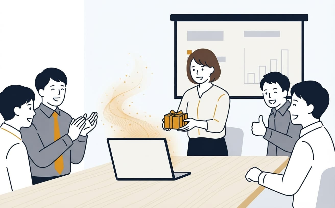 会議室で、用意したプレゼントの箱を差し出す会社員を、同僚が拍手や親指を立てて迎えているイラスト