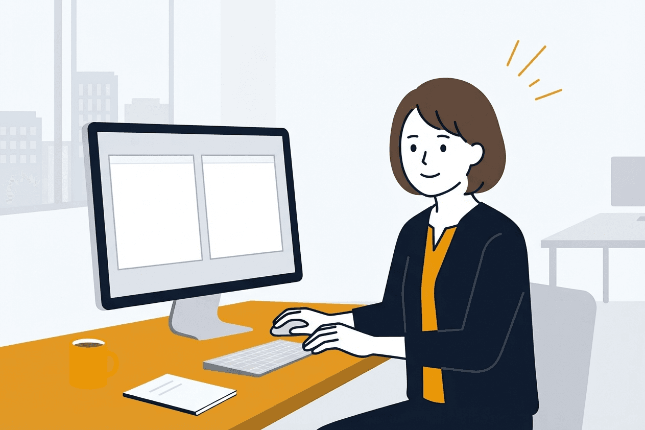 両手をキーボードに置いて、マウスを使わずに作業している会社員のイラスト