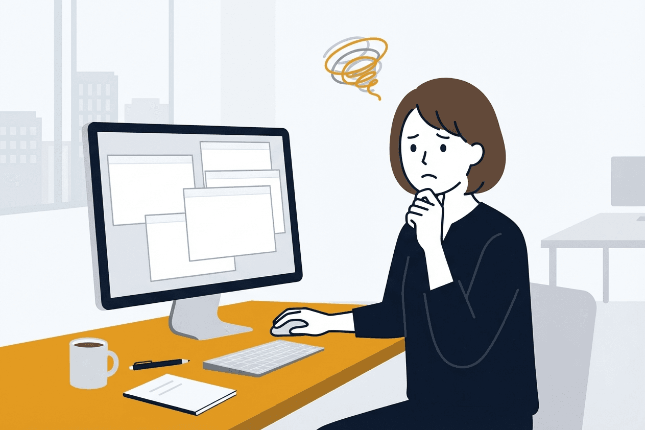 マウスで画面のあちこちを探して、手が止まっている会社員のイラスト