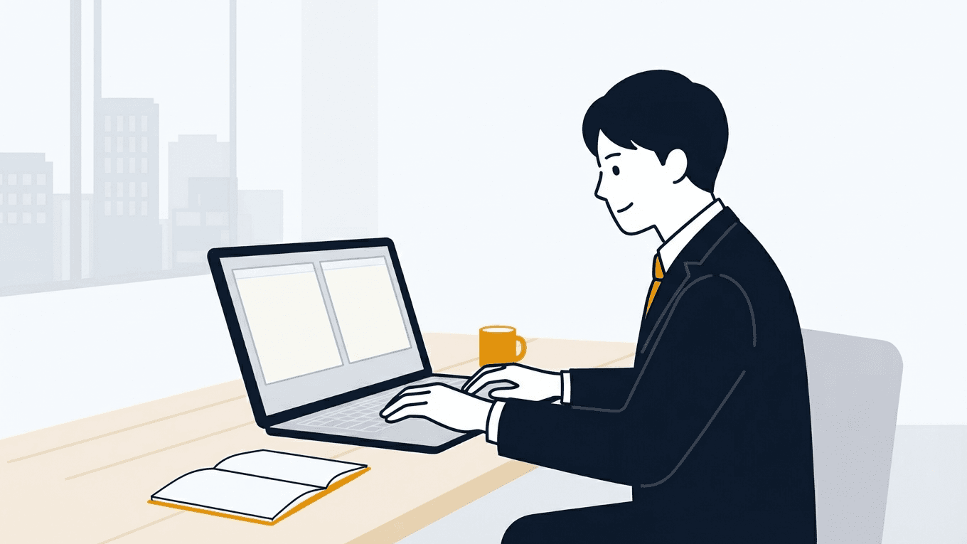 新社会人が、スマートにパソコン作業をしている場面のイメージ