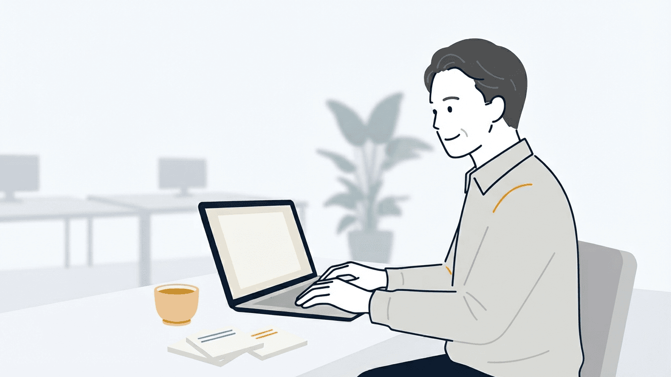 落ち着いた雰囲気の職場で、自分のペースでパソコンの操作を見直している場面のイメージ