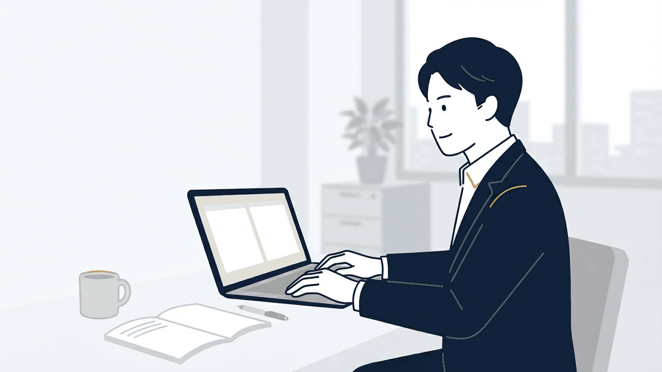落ち着いた表情で、キーボードを使って仕事を進めている、入社したばかりの人のイメージ